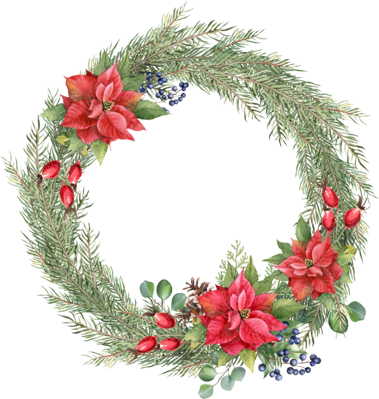 Christmas wreath featuring poinsettias, pine branches, rose hips, and blue berries, Grey Barn Handwerk, Saskatchewan.